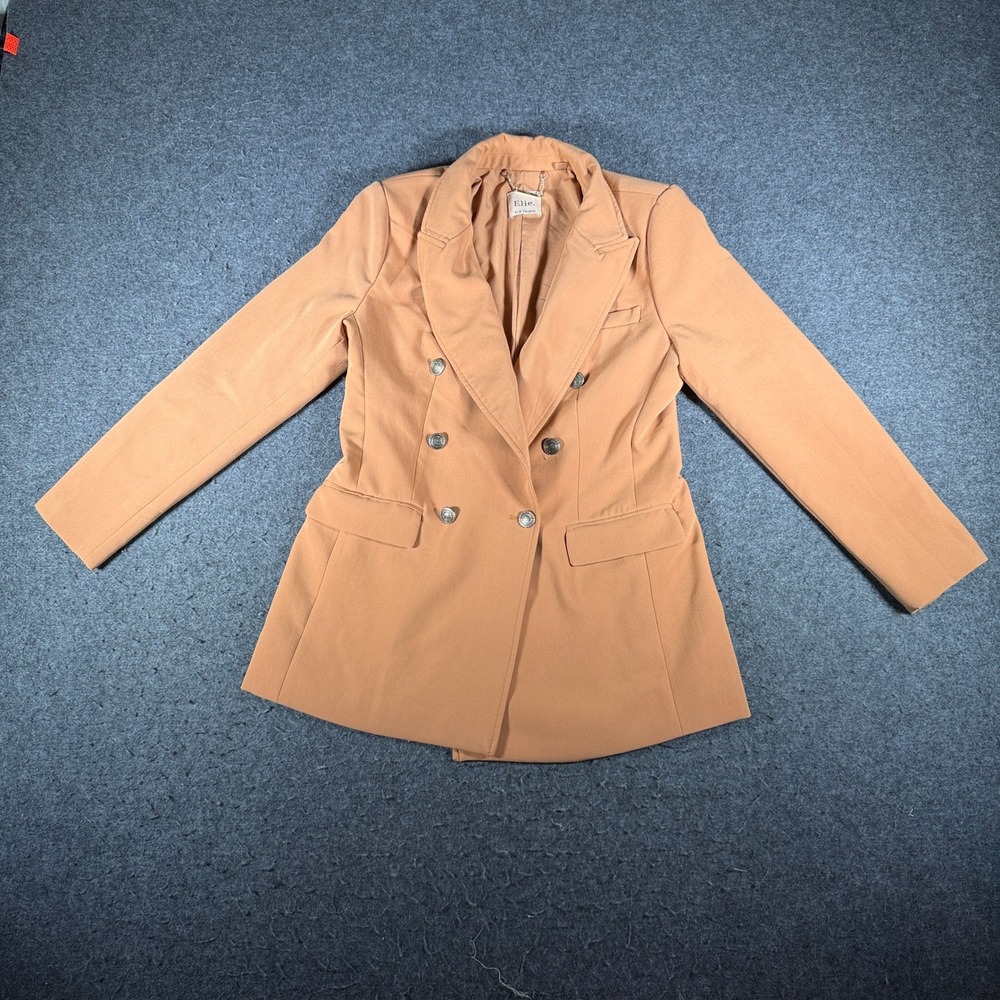 Elie Tahari Womens Camel Double Breasted Crest Button Blazer Jacket Size 12